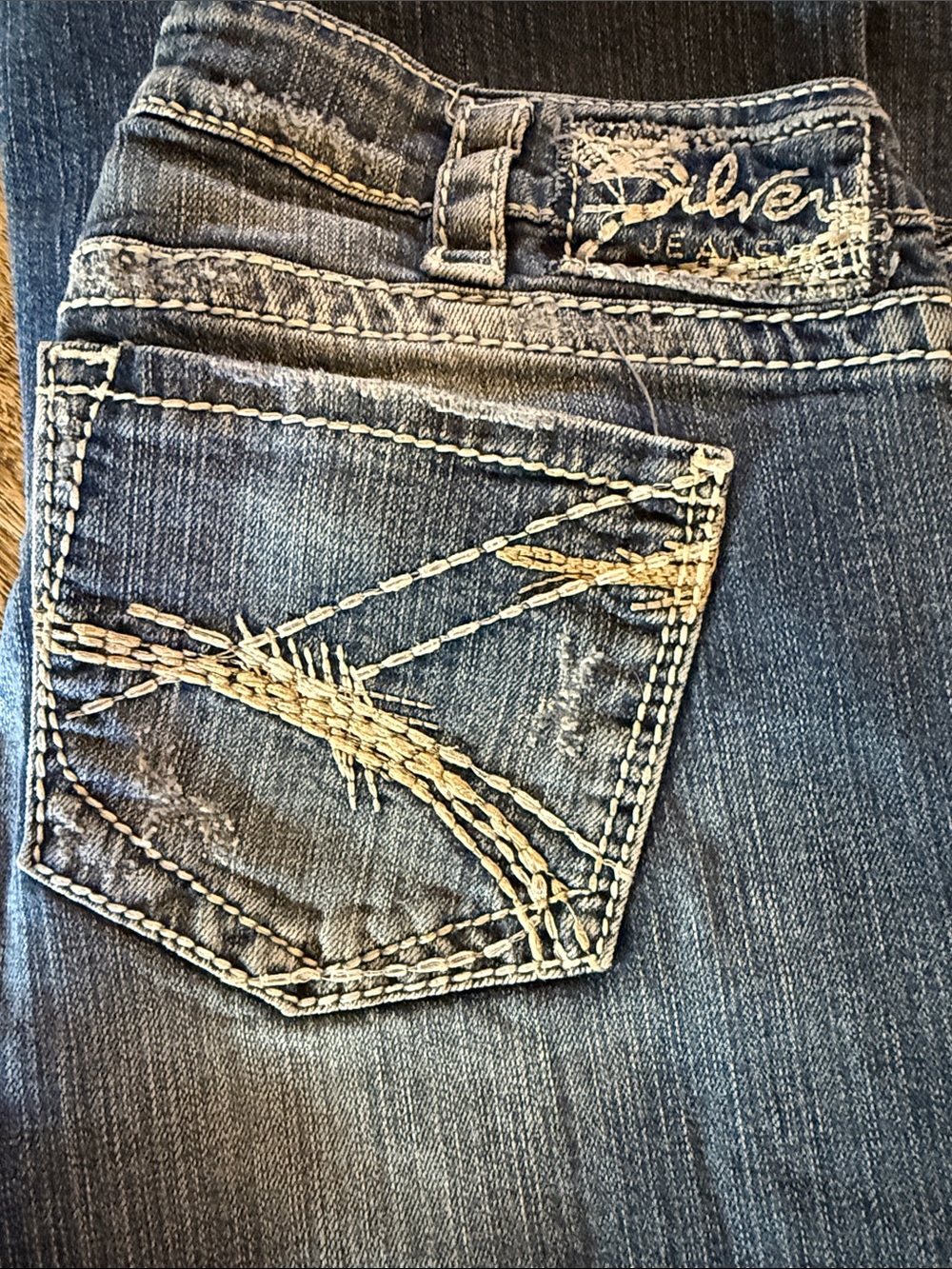 Silver Women's Bootcut Leg Jeans in Faded Blue with Contrast Stitching